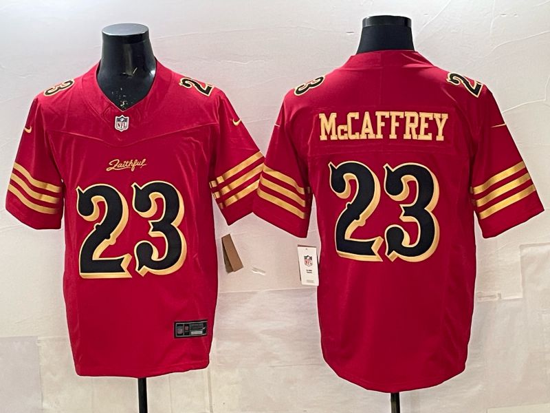 Men 2025 Nike San Francisco 49ers #23 Mccaffrey red gold 5th generation Limited NFL Jersey 001